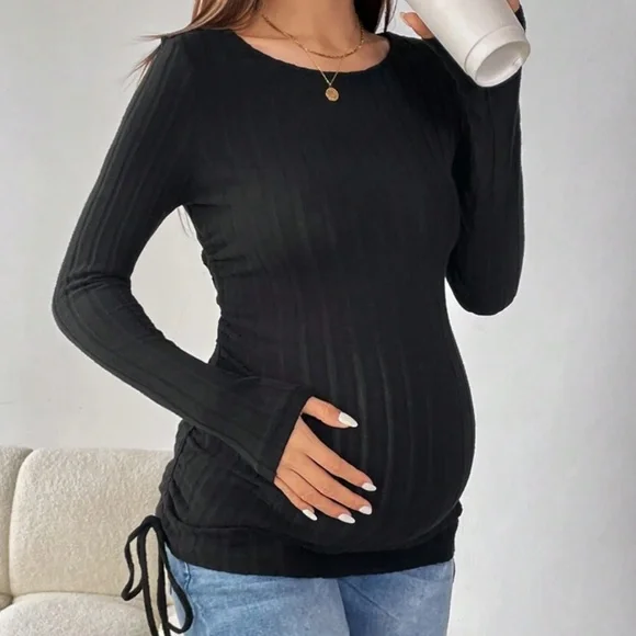 Maternity Ruched Side Ribbed Long Sleeve Top - Picture 4 of 15
